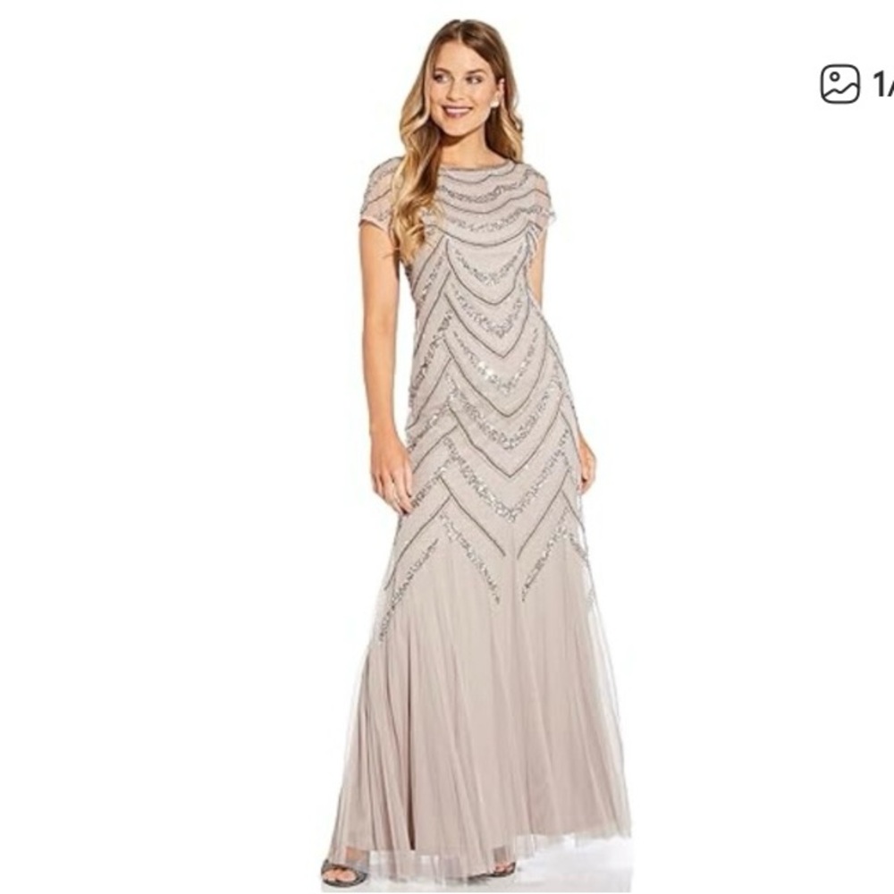 Adrianna Papell Silver Sequin Maxi Dress